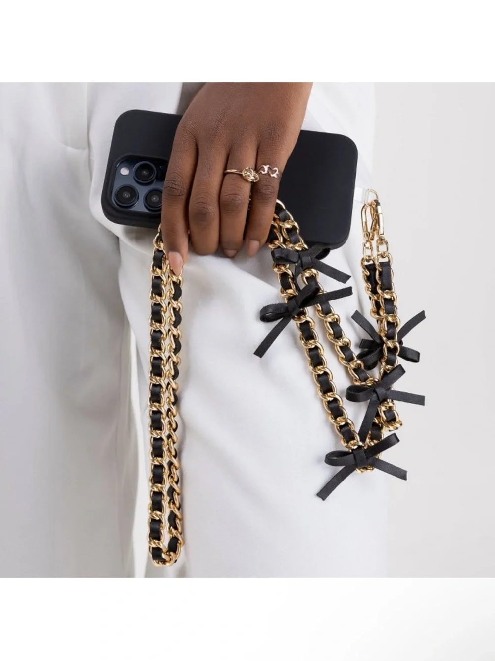 Hello Lux Phone Crossbody Strap - Golden Chain with Black Faux Leather Bows